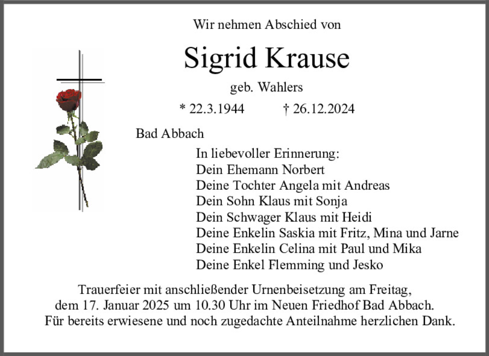 Traueranzeigen Von Sigrid Krause Mittelbayerische Trauer