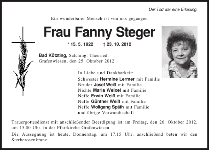 Traueranzeigen von Frau Fanny Steger | Mittelbayerische Trauer