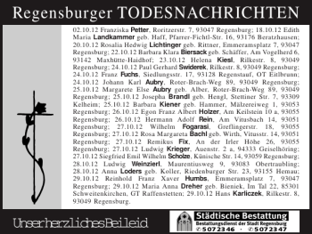 Traueranzeige von Regensburger TODESNACHRICHTEN von Mittelbayerische Zeitung