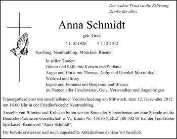 Traueranzeigen Von Anna Schmidt | Mittelbayerische Trauer