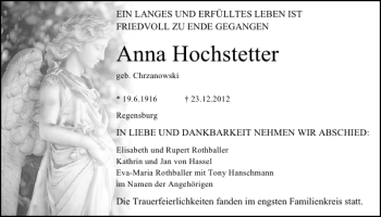 Traueranzeige von Anna Hochstetter von Mittelbayerische Zeitung