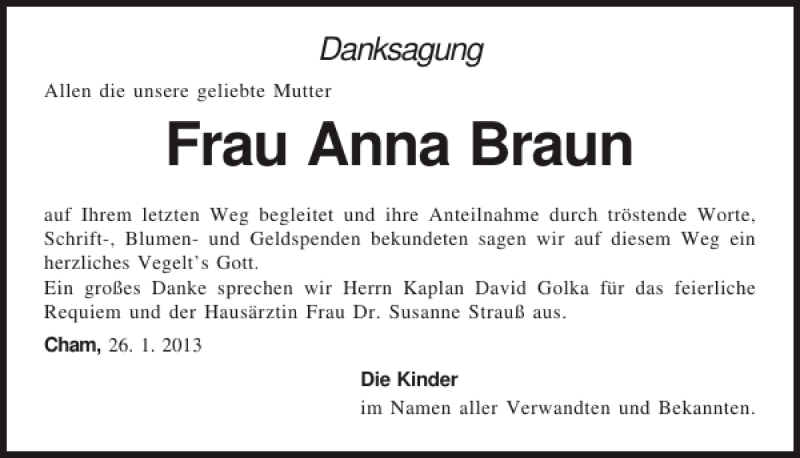 Traueranzeigen Von Frau Anna Braun Mittelbayerische Trauer