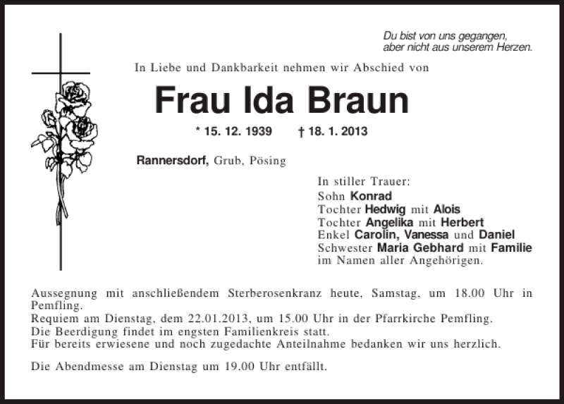 Traueranzeigen Von Frau Ida Braun Mittelbayerische Trauer