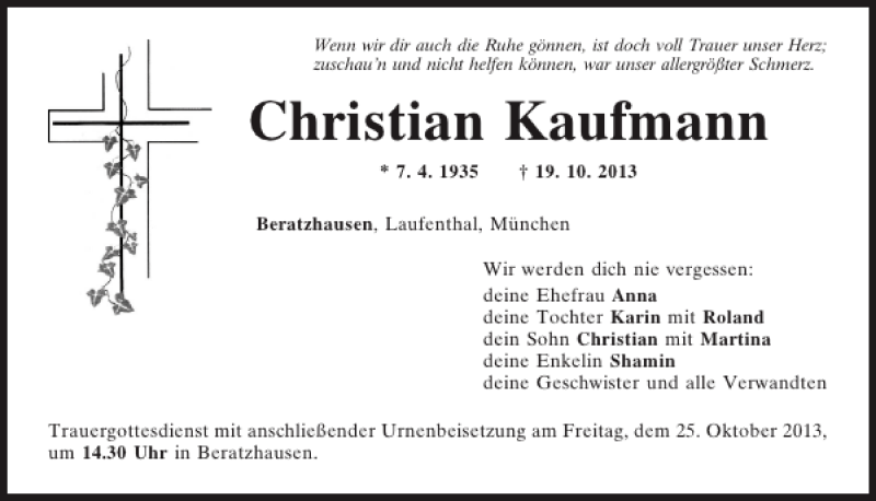  Traueranzeige für Beratzhausen Christian Kaufmann vom 23.10.2013 aus Mittelbayerische Zeitung