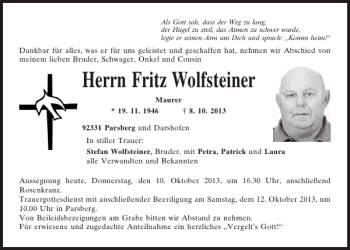 Traueranzeige von Fritz Wolfsteiner von Mittelbayerische Zeitung