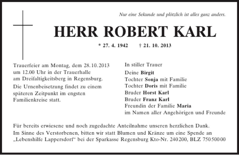  Traueranzeige für Robert Karl vom 26.10.2013 aus Mittelbayerische Zeitung