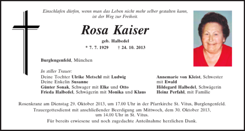  Traueranzeige für Rosa Kaiser vom 28.10.2013 aus Mittelbayerische Zeitung