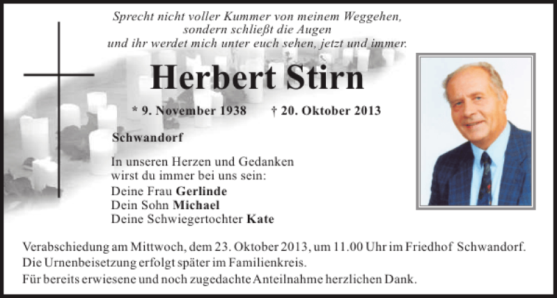  Traueranzeige für Schwandorf Herbert Stirn vom 22.10.2013 aus Mittelbayerische Zeitung