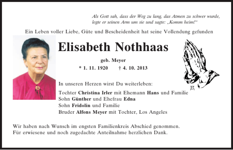  Traueranzeige für geb. Meyer Elisabeth Nothhaas vom 12.10.2013 aus Mittelbayerische Zeitung