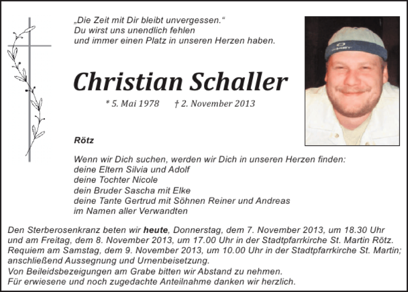 Traueranzeigen von Christian Schaller | Mittelbayerische Trauer