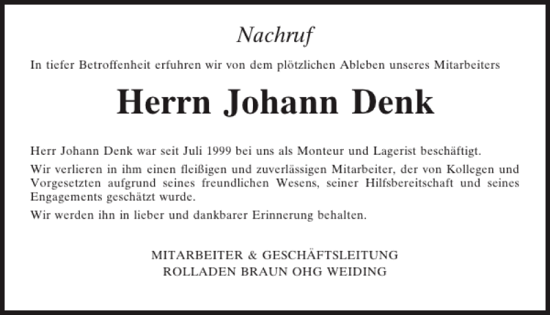  Traueranzeige für Johann Denk vom 05.11.2013 aus Mittelbayerische Zeitung