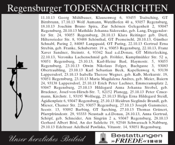 Traueranzeige von Regensburger TODESNACHRICHTEN von Mittelbayerische Zeitung