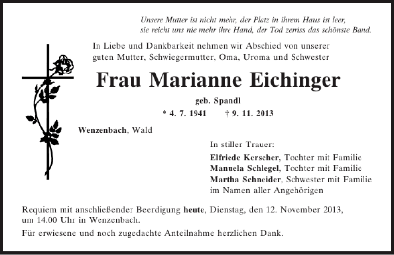  Traueranzeige für Wenzenbach Marianne Eichinger vom 12.11.2013 aus Mittelbayerische Zeitung