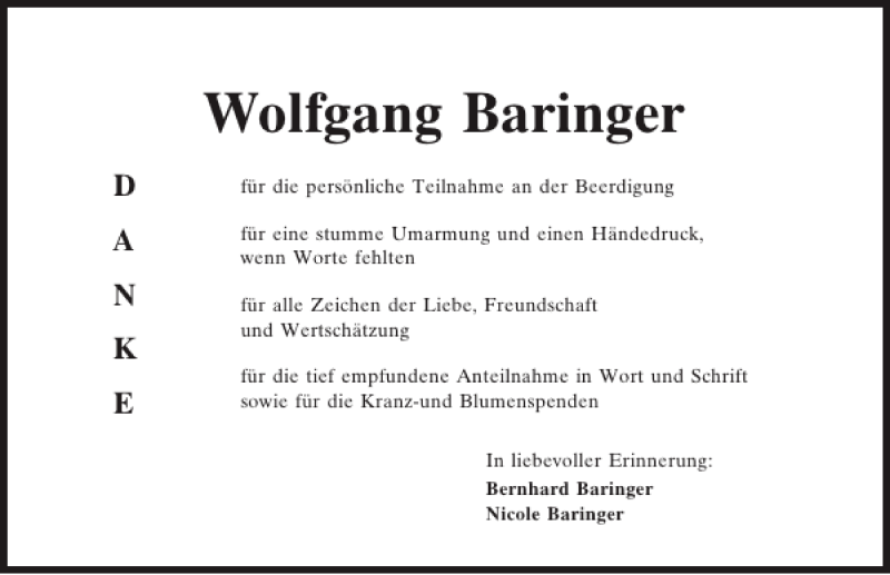  Traueranzeige für Wolfgang Baringer vom 09.11.2013 aus Mittelbayerische Zeitung