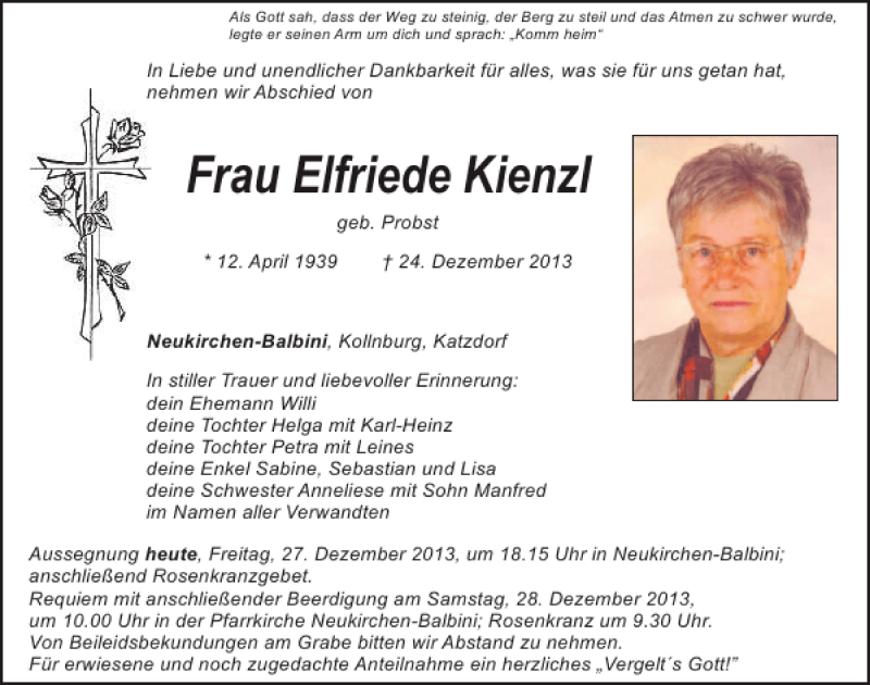 Traueranzeigen Von Neukirchen Balbini Elfriede Kienzl Mittelbayerische Trauer