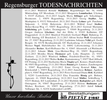 Traueranzeige von Regensburger TODESNACHRICHTEN von Mittelbayerische Zeitung