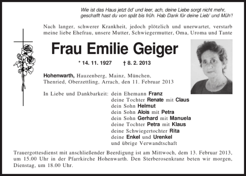 Traueranzeigen von Frau Emilie Geiger | Mittelbayerische Trauer