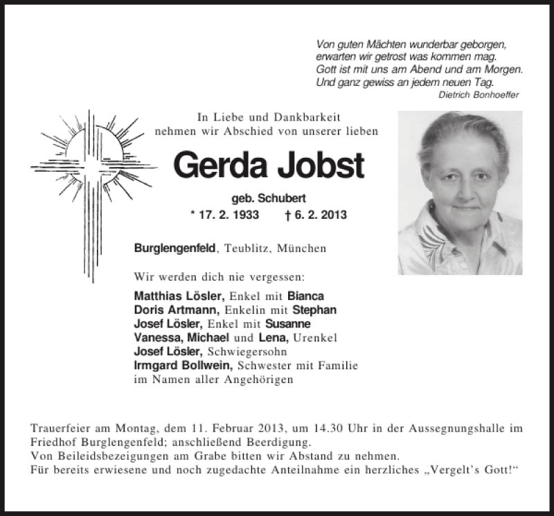 Traueranzeigen Von Gerda Jobst | Mittelbayerische Trauer