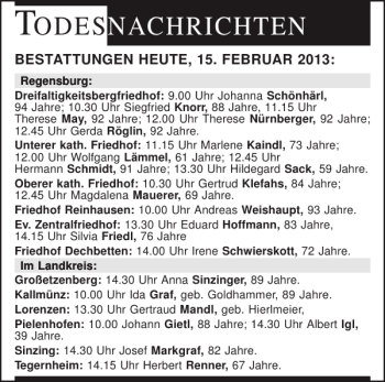 Traueranzeige von Todesnachrichten  von Mittelbayerische Zeitung