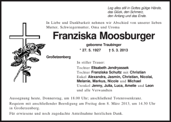 Traueranzeige von Franziska Moosburger von Mittelbayerische Zeitung