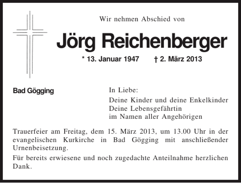  Traueranzeige für Jörg Reichenberger vom 13.03.2013 aus Mittelbayerische Zeitung