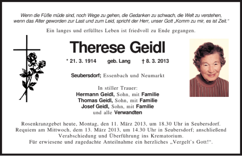 Traueranzeigen von Therese Geidl | Mittelbayerische Trauer