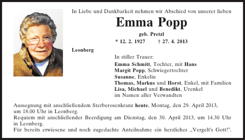  Traueranzeige für Emma Popp vom 29.04.2013 aus Mittelbayerische Zeitung