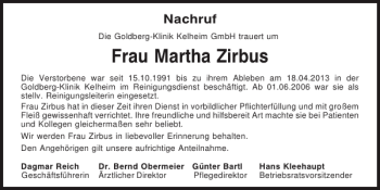 Traueranzeige von Frau Martha Zirbus von Mittelbayerische Zeitung