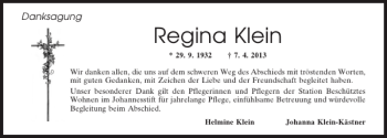 Traueranzeige von Frau Regine Klein von Mittelbayerische Zeitung