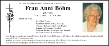 Traueranzeige von Furth i. Wald Anni Böhm von Mittelbayerische Zeitung