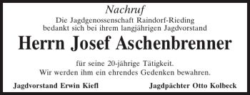 Traueranzeige von Josef Aschenbrenner von Mittelbayerische Zeitung