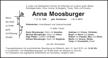 Traueranzeige von Pettenhofen Anna Moosburger von Mittelbayerische Zeitung