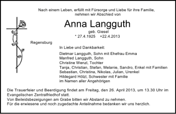 Traueranzeige von Regensburg Anna Langguth von Mittelbayerische Zeitung