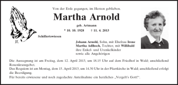 Traueranzeige von Schillertswiesen Martha Arnold von Mittelbayerische Zeitung