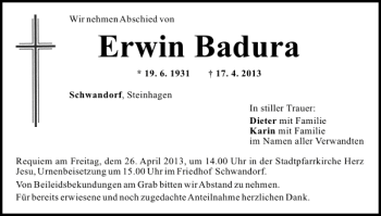 Traueranzeige von Schwandorf Erwin Badura von Mittelbayerische Zeitung