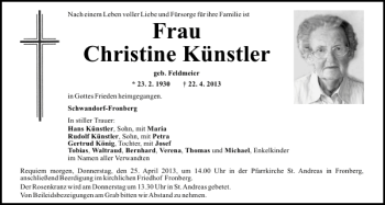 Traueranzeige von Schwandorf-Fronberg Christine Künstler von Mittelbayerische Zeitung