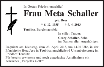 Traueranzeige von Teublitz Meta Schaller von Mittelbayerische Zeitung