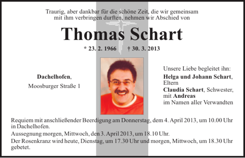  Traueranzeige für Thomas Schart vom 02.04.2013 aus Mittelbayerische Zeitung