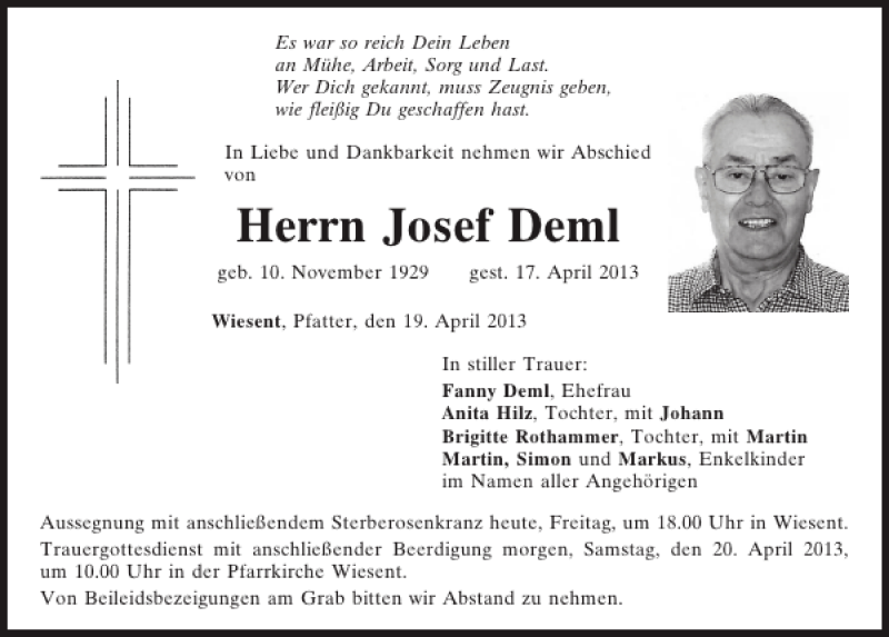 Traueranzeigen von Wiesent Josef Deml | Mittelbayerische Trauer