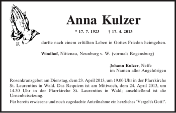 Traueranzeige von Windhof Anna Kulzer von Mittelbayerische Zeitung