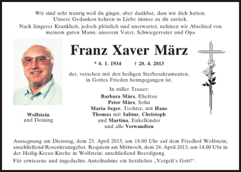 Traueranzeige von Wolfstein und Deining Franz Xaver März von Mittelbayerische Zeitung