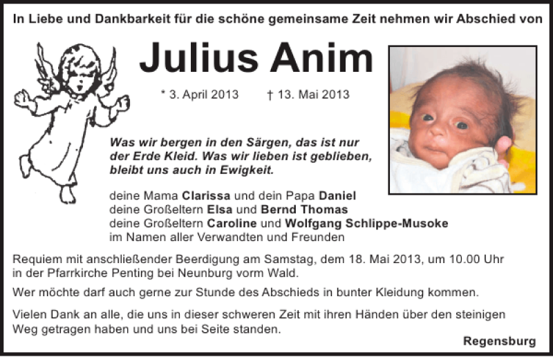  Traueranzeige für Julius Anim vom 17.05.2013 aus Mittelbayerische Zeitung