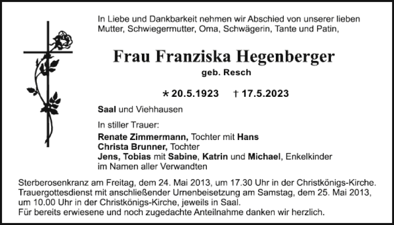 Traueranzeigen von Saal Franziska Hegenberger | Mittelbayerische Trauer