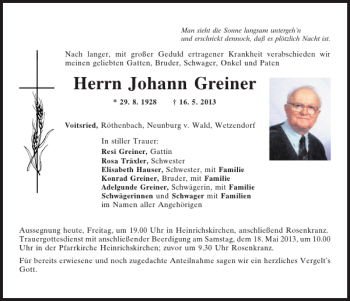 Traueranzeigen von Voitsried Johann Greiner | Mittelbayerische Trauer