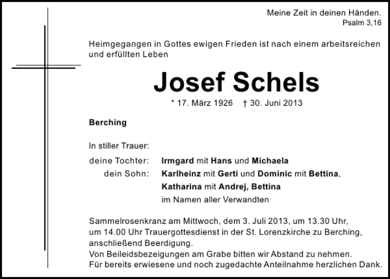 Traueranzeigen Von Berching Josef Schels | Mittelbayerische Trauer