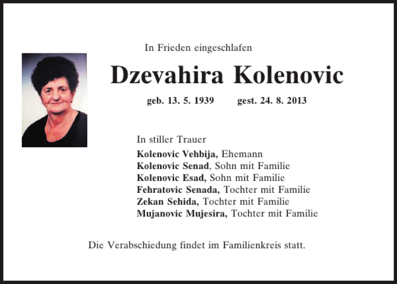  Traueranzeige für Dzevahira Kolenovic vom 26.08.2013 aus Mittelbayerische Zeitung