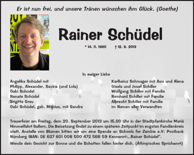  Traueranzeige für Rainer Schüdel vom 18.09.2013 aus Mittelbayerische Zeitung