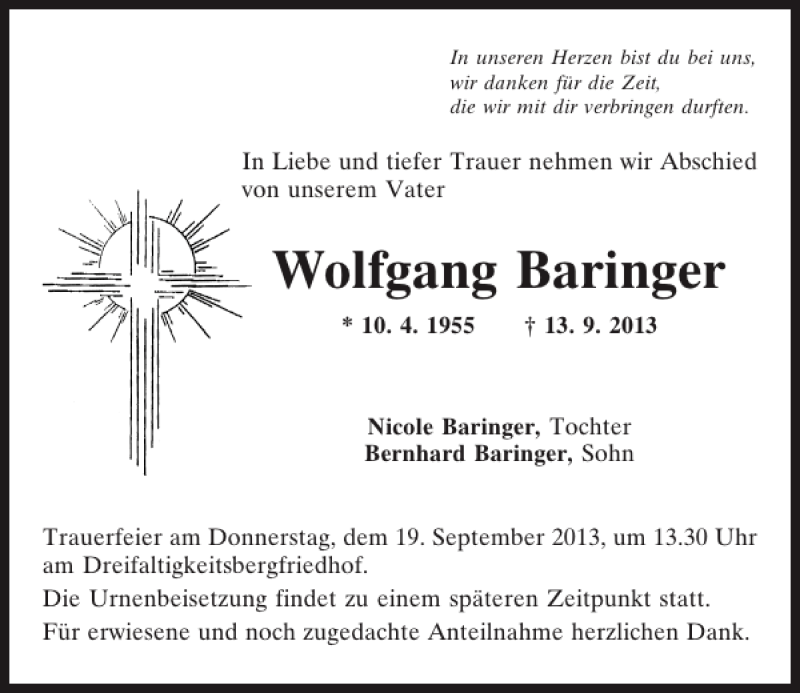  Traueranzeige für Wolfgang Baringer vom 17.09.2013 aus Mittelbayerische Zeitung