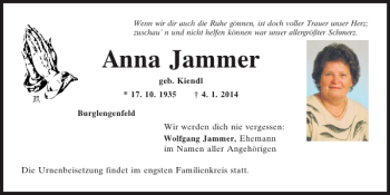 Traueranzeige von Anna Jammer von Mittelbayerische Zeitung