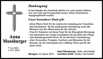 Traueranzeige von Anna Moosburger von Mittelbayerische Zeitung